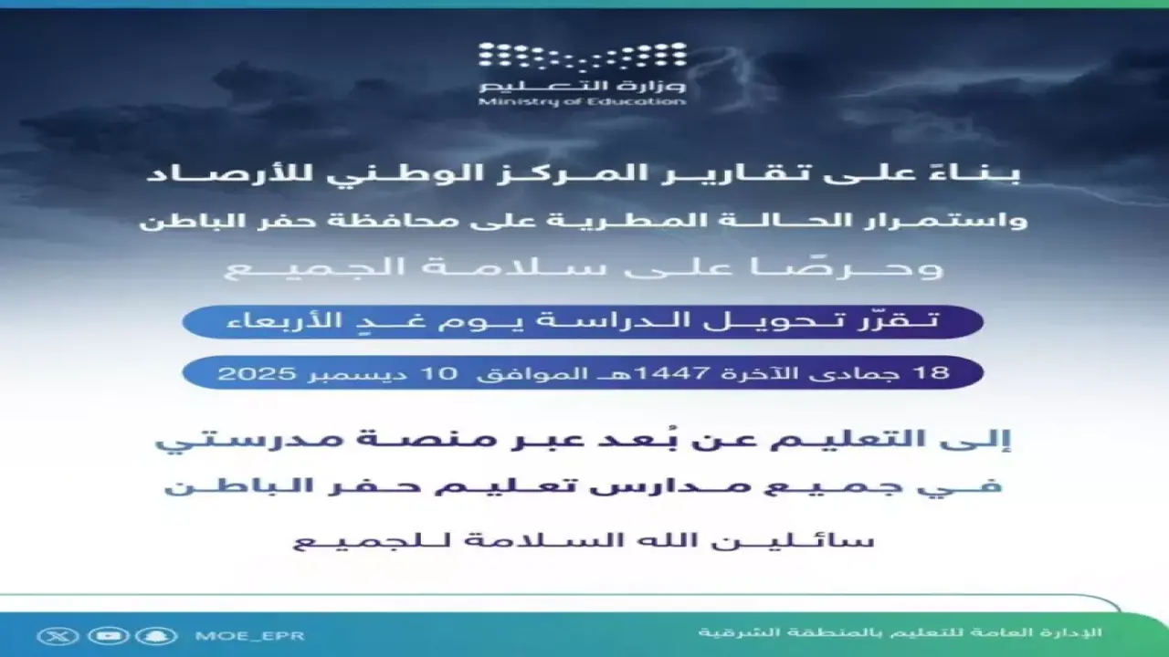 قرار حكومي في حفر الباطن يلزم الطلاب بالبقاء في المنازل غدًا بسبب ظروف استثنائية